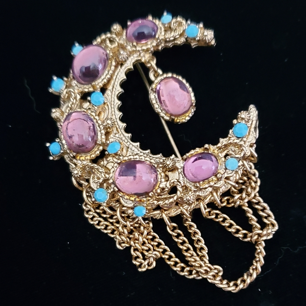 Vintage Moon Brooch Purple Cabochon Faux Turquoise Chain Embellished Gold Tone